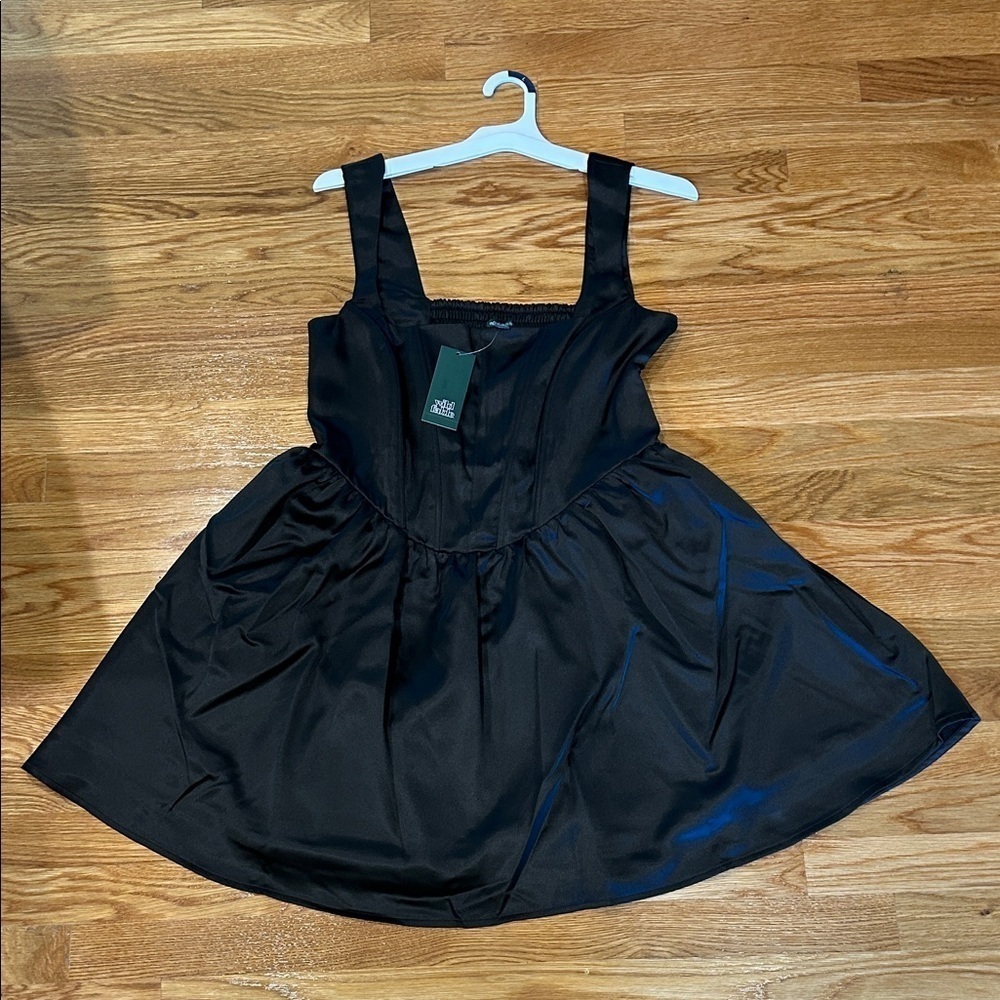 Wild Fable Black Fit & Flare Landscape satin Mini Dress large women’s new w tag - Picture 2 of 11